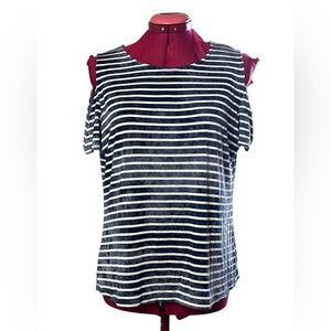 Laura Petite stretch indigo striped top, shoulder cut outs, bound neck line
